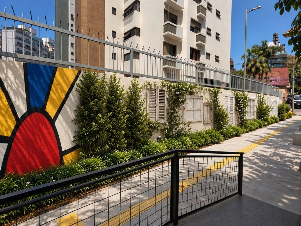 Muro do Caminito com sol geométrico em vermelho, azul e amarelo, paisagismo e piso tátil amarelo